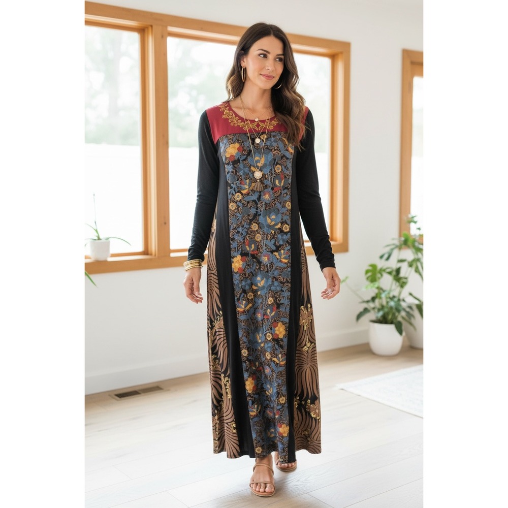 Soft Surroundings Artful Reverie LS Maxi Dress Size Small India Sequin Embroider